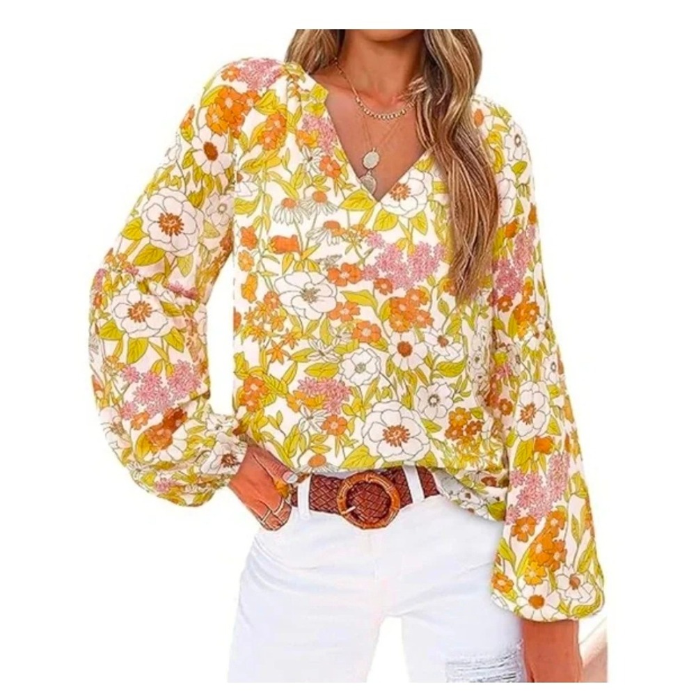 BTFBM NWT Floral Print V Neck Long Sleeve Boho Blouse Top Lined Women's M NEW